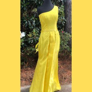 Custom Made Yellow Organza One Shoulder Floor Length Gown
